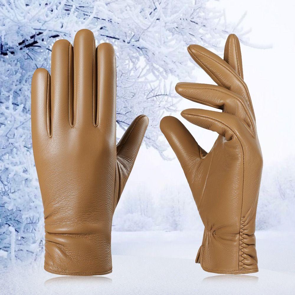 Fleece Lined Five Finger Gloves PU Leather Winter Warm Gloves Women's Gloves  Outdoor Cycling