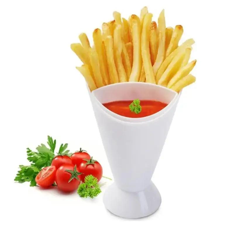 1pc 2 In 1 French Fries Cups Plastic Cups Sauces Snacks Dessert Plate Ketchup Slant Cup Two Cup Spout Kitchen Accessories