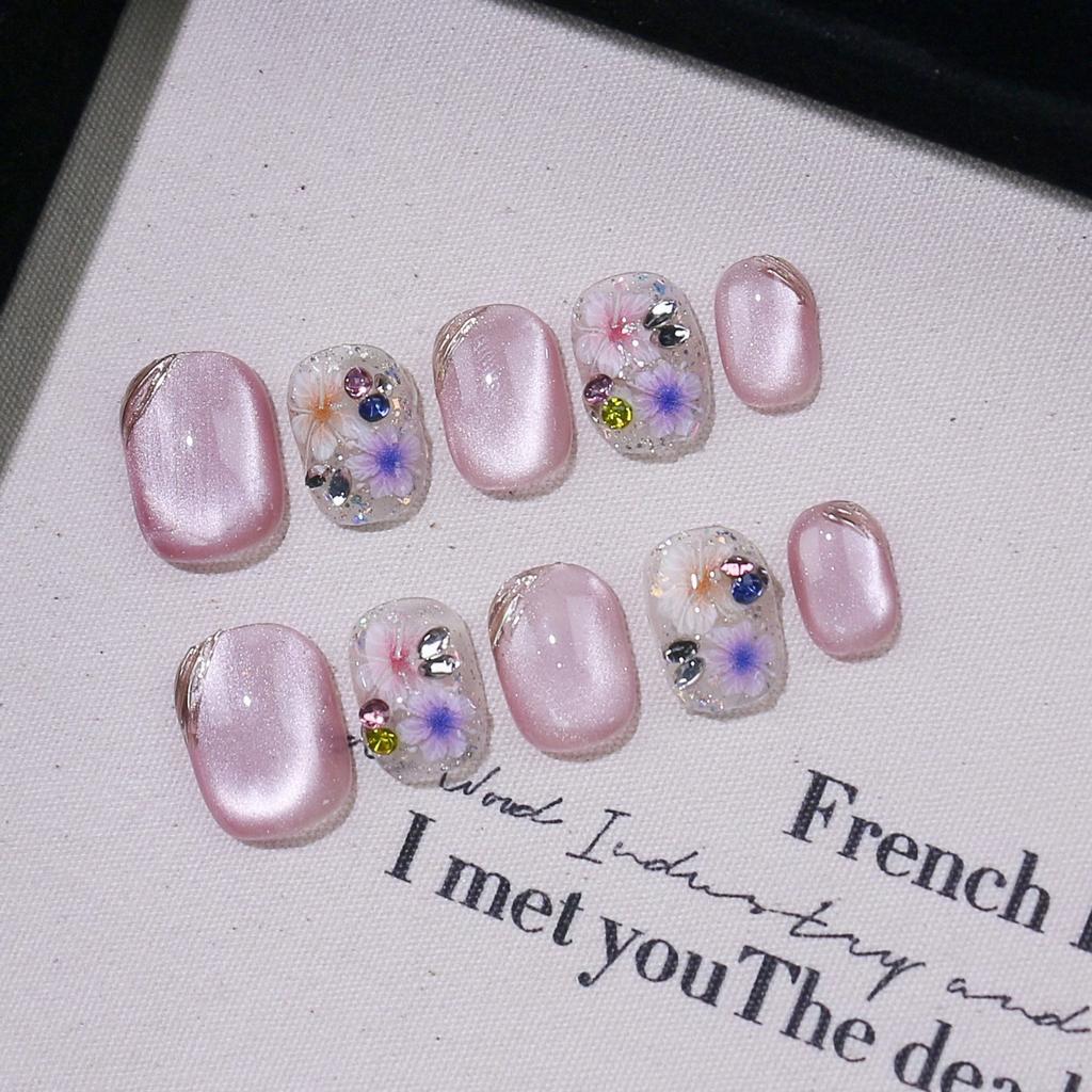 10 Pcs High End Handmade Purple Dried Flower Cat Eye Press On Nails Detachable Fake Nails For Women Girls Daily Party Wear