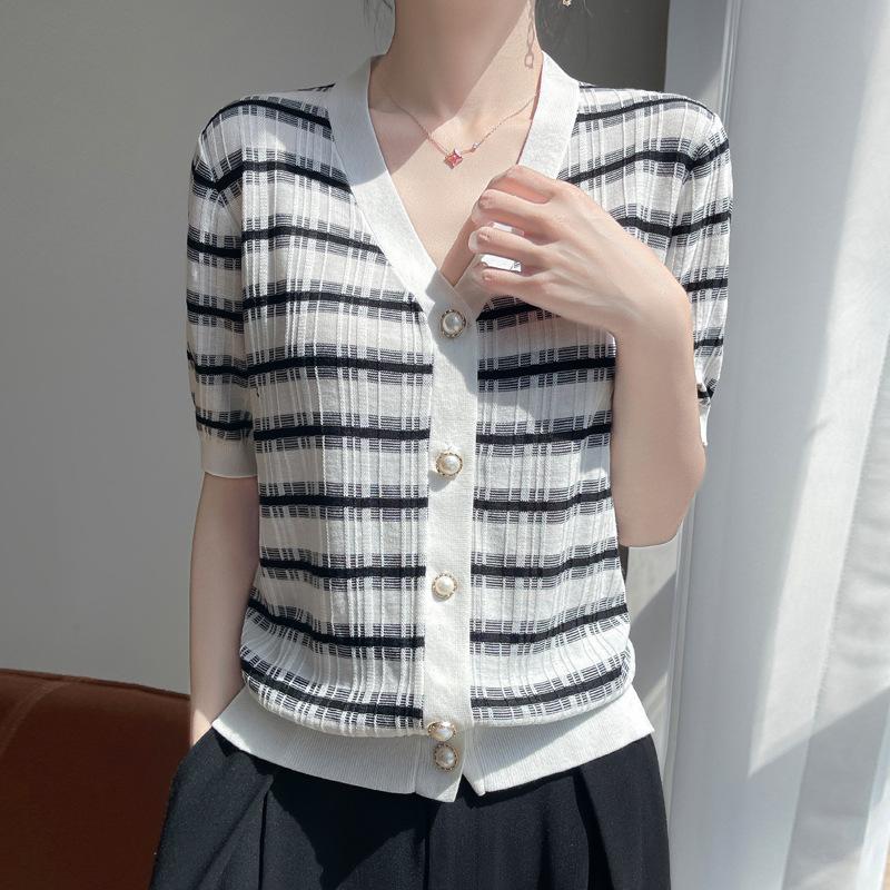 V-neck knitted cardigan women's summer loose contrasting striped short-sleeved fashion commuter jacket top