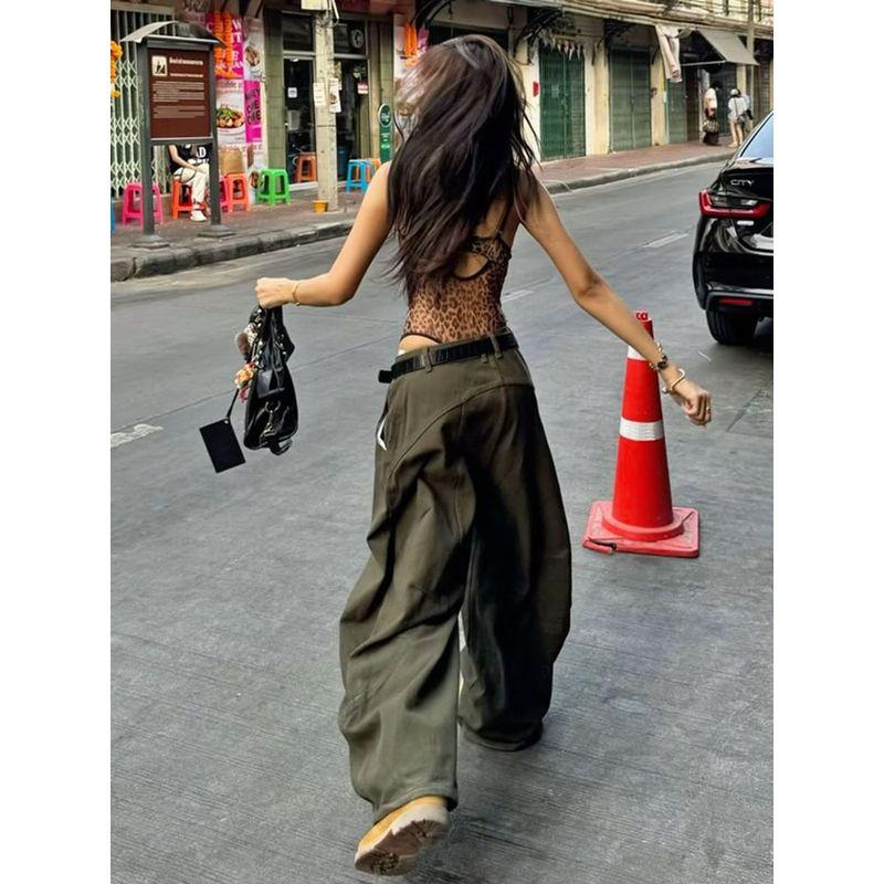 American Sexy Army Green Profile Tooling Style Denim Female Stylish Loose Slim Looking Casual Wide Leg Matchet Pants
