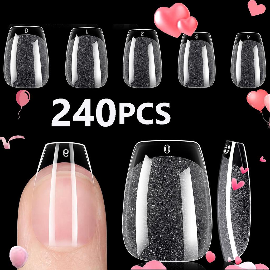 240PCS Short Almond Nail Tips Soft Gel Pre-Shaped Acrylic Nail Tips Half Matte Full Cover Nail Tips Clear Gelly Press On Nail