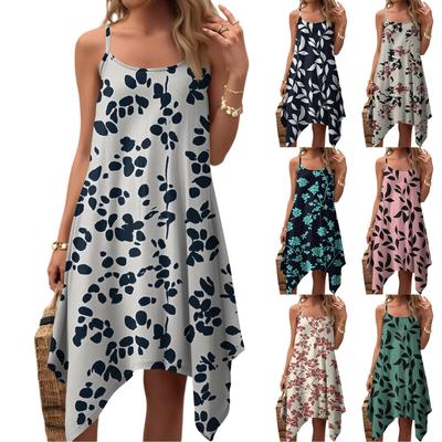Damen Sommer Casual Vintage Blumenmuster Rundhals Verstellbares Trägerkleid mit Taschen