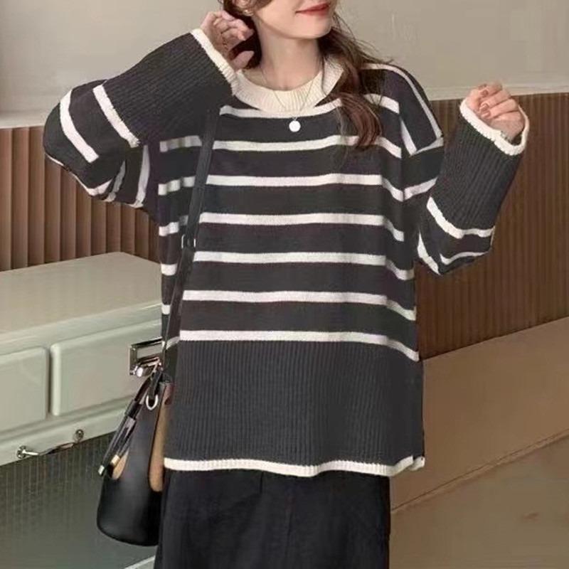 Korean Fashion Striped Knitted Pullover Sweater Women Autumn and Winter New Casual Simple Retro Loose Outside Wearing Long Sleeve Loose Crew Neck Tops