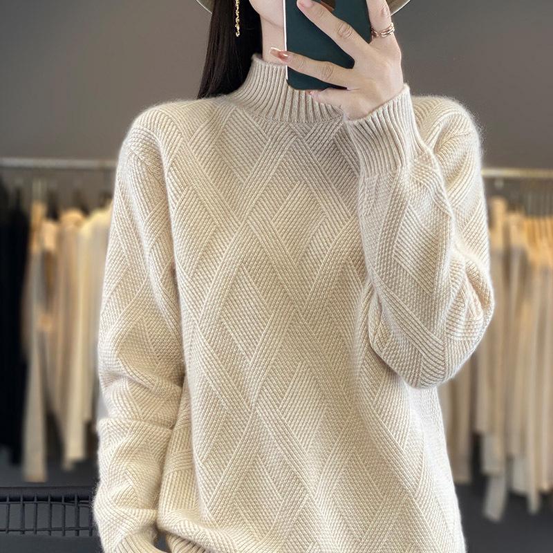 Versatile Women's Wool Sweater: Half-High Neck, Solid Color, Diamond Cable Knit, Warm & Comfortable Pullover