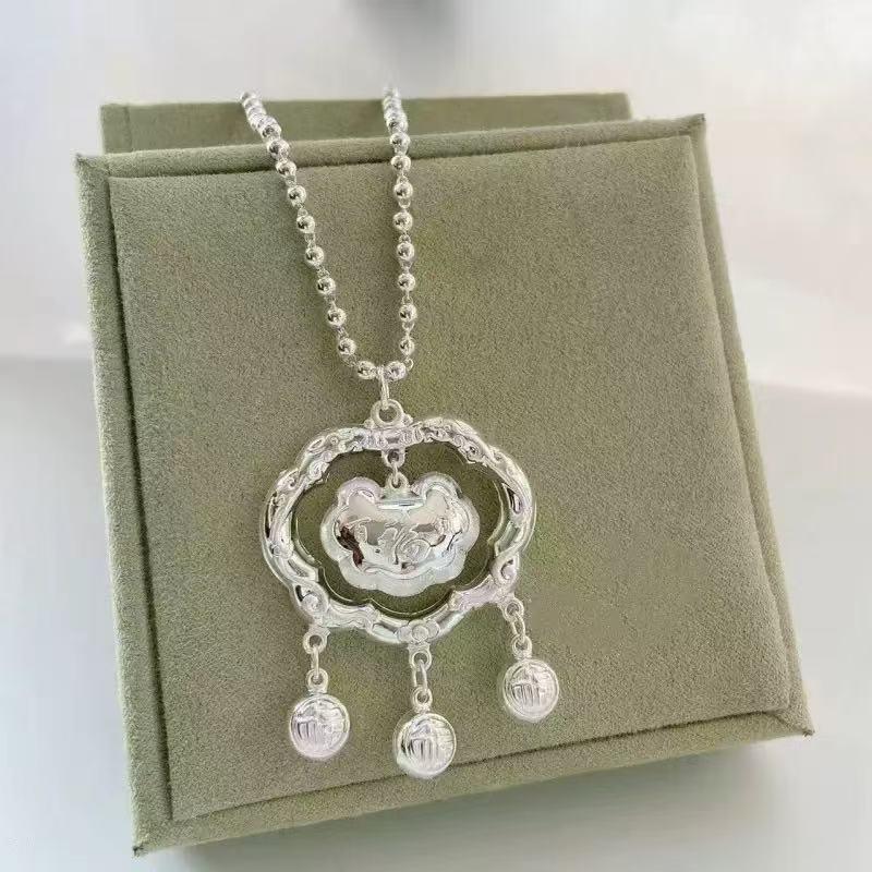 Sterling Silver Longevity Lock Pendant: Chinese Style Retro Necklace for Baby's First Birthday or Full Moon Celebration.