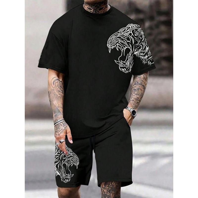Set Nou de Vară pentru Bărbați cu Palmier și Gradient, Tricou Moale și Respirabil cu Gât Rotund și Pantaloni Scurți, Set de Două Piese pentru Timp Liber în Aer Liber și Urban
