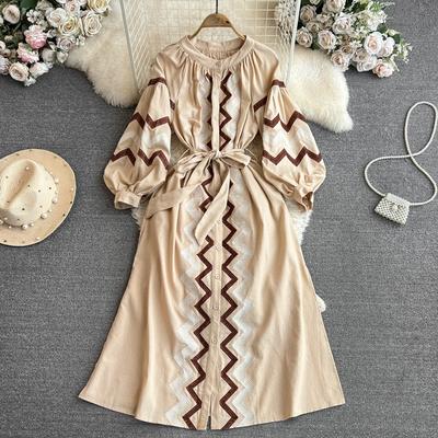 Ethnic Chic Women's Autumn Dress Sweet Round Neck Long Sleeve Waist-Fitted Loose-Fit Vacation Dress For Travel