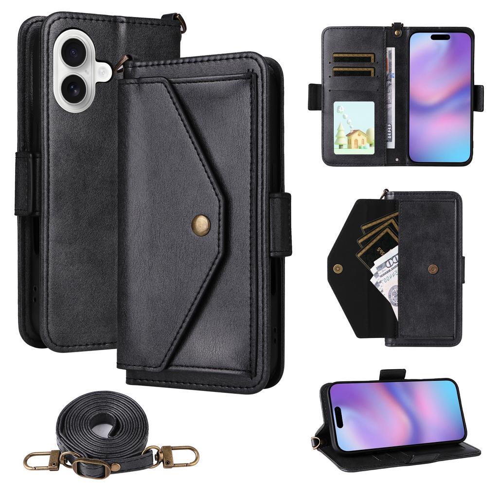 For iPhone 17 Leather Case Magnetic Closure Wallet Stand Phone Cover with Crossbody Strap
