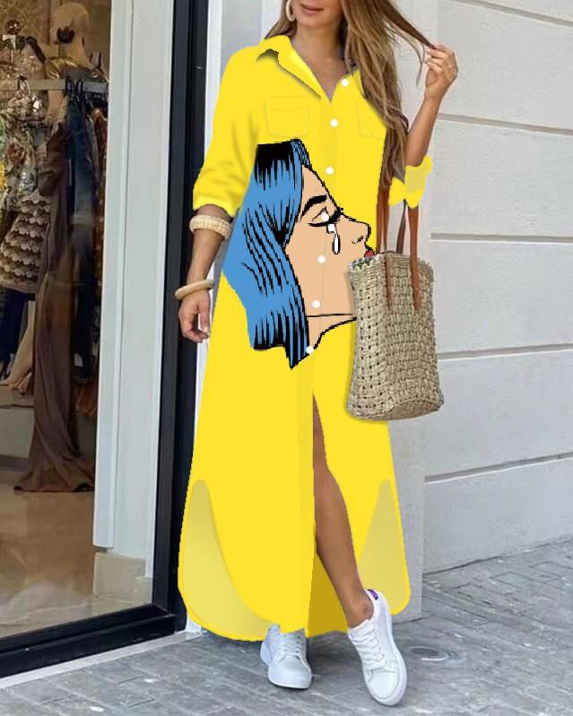 Fashion Long Sleeve Print Women Loose Fit Casual Maxi Dress