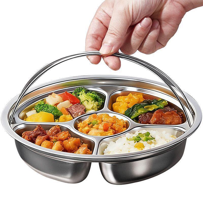 Stainless Steel 5 Compartment Steaming Plate With Handle Divided Food Tray Round Serving Plate For Home Kitchen Meal Prep