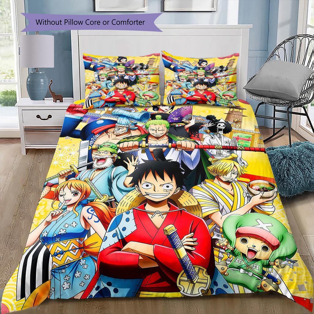 One Piece Straw Hat Crew Full Members 2 Bedding Set, 1 Duvet Cover & 2 Pillowcases, Suitable for Home Decor, Ideal Gift for Fans