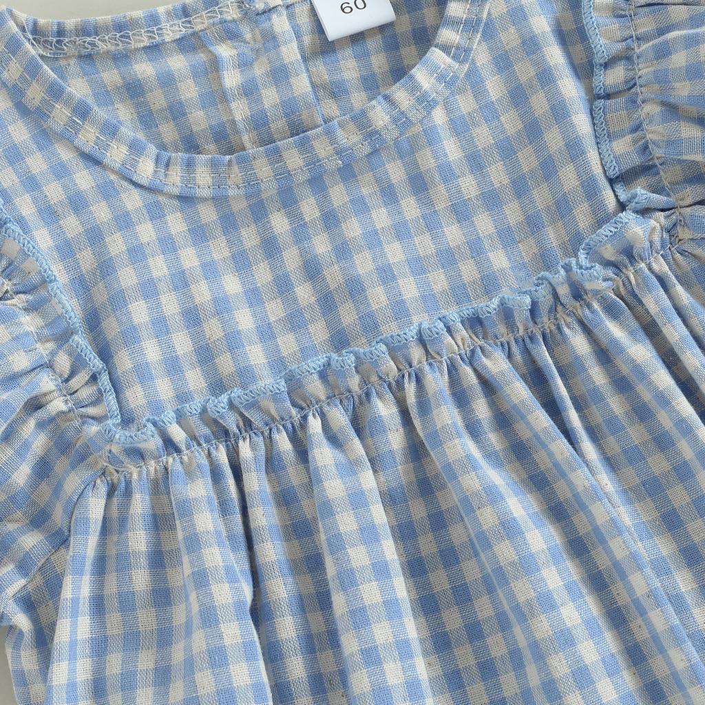 Baby Girl 2Pcs Summer Outfits, Short Puff Sleeve Plaid Print Romper with Headband Set