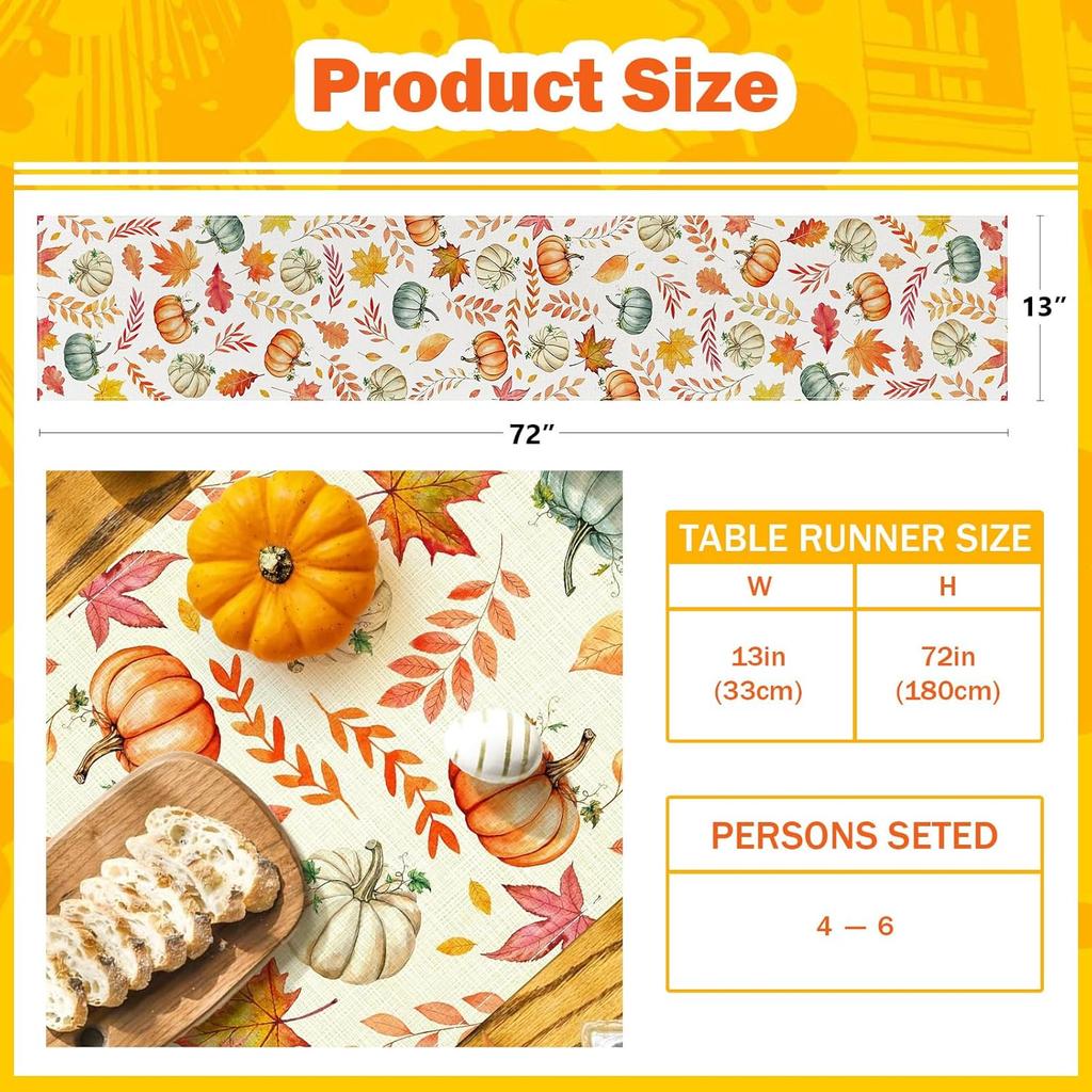 Pumpkin Buffalo Plaid Fall Table Runner, Fall Maple Leaves Kitchen Dining Table Runner Decoration for Thanksgiving Party Decor 13x72 Inch
