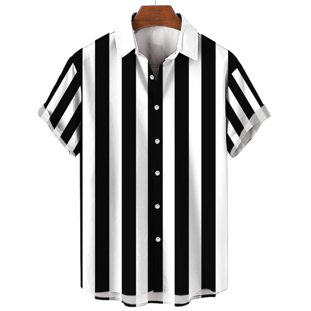Men's Summer Stripes Casual Shirt Hawaiian3d Print Short Sleeve Beachwear Vacation Fashion Social Lapel Button Oversized Clothing