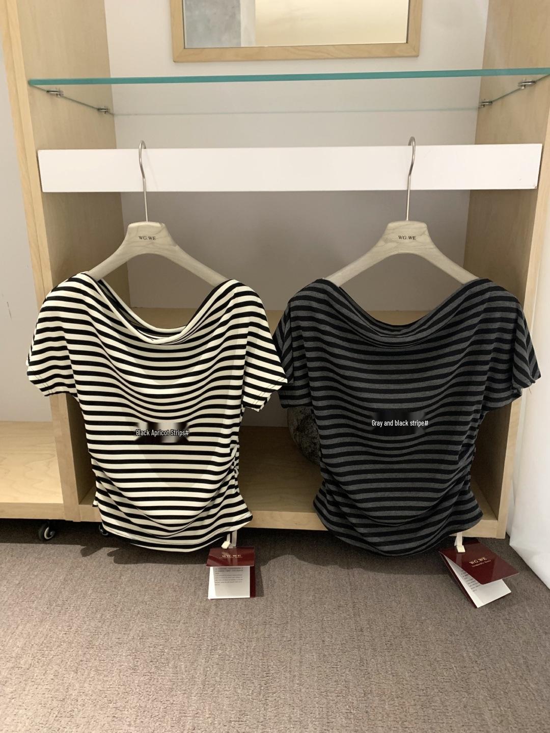 Guangzhou Women s Striped Off-the-Shoulder Short-Sleeve T-shirt - Trendy Spring/Summer Top Small