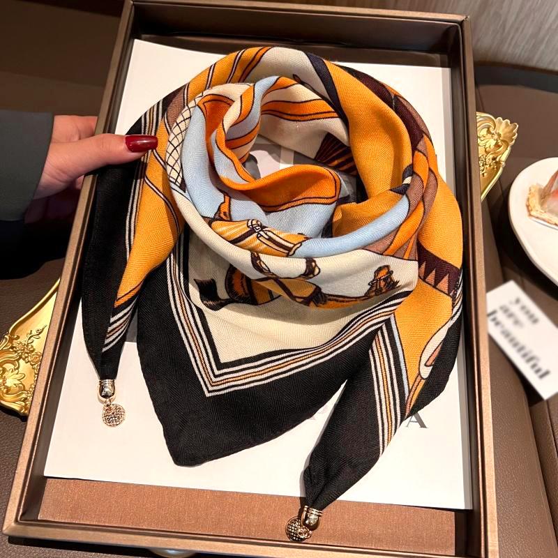 106x65cm Necklace Gift Silk Scarf Elegant Painted Pattern Versatile Neck Scarf Luxury Magnetic Closure French Style Multi-Color