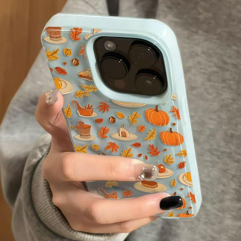Cartoon Leaves Pumpkin Pattern Phone Case For iPhone 17 Air 11 12 13 14 15 16 Pro Max Plus Folds Texture Shockproof Soft Cover