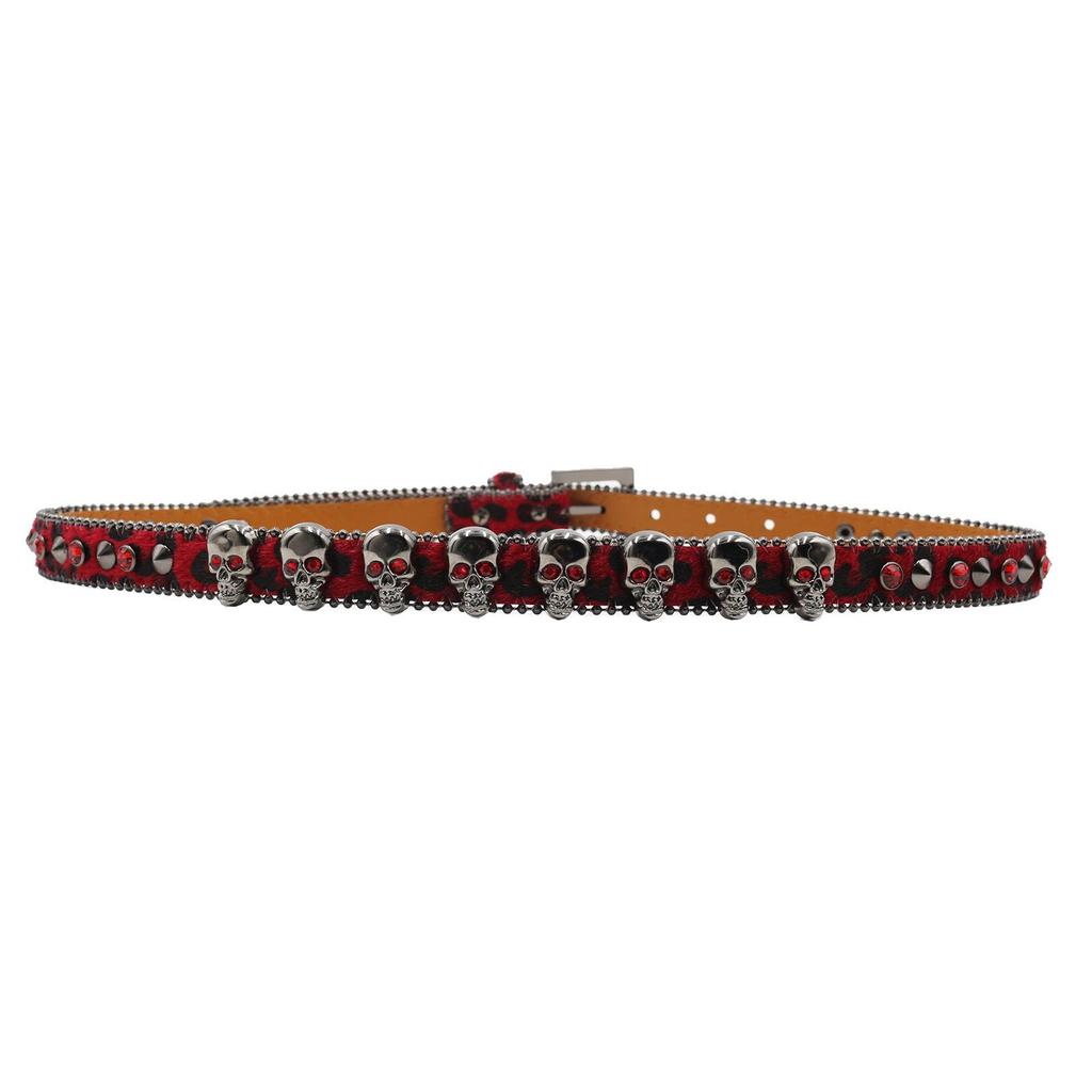 Leopard Print Women's Belt with Skull Design and Rhinestone Pin Buckle - Hip Hop Nightclub Style