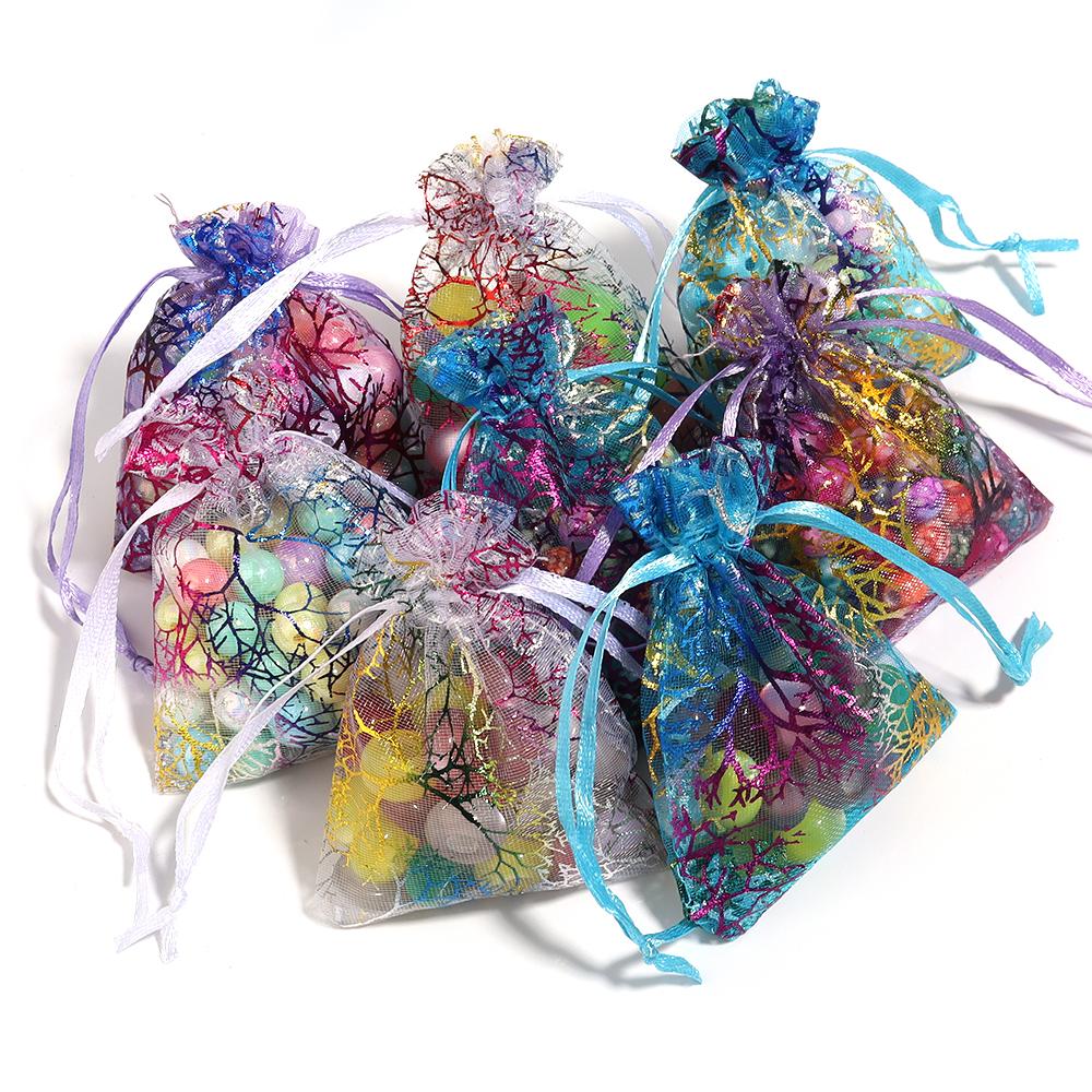 10pcs/lot Organza Drawstring Bags Colorful Coral Trees Pattern Jewelry Packaging Bags For Wedding Birthday Party Candy Gift Bags