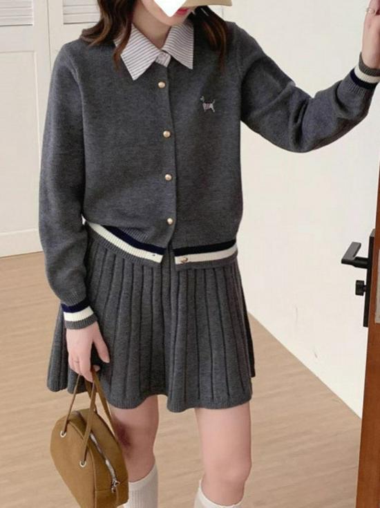 2025 Fall/Winter Korean Academy Style Knit Cardigan & Pleated Skirt Set for Women