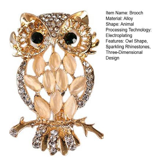 Brooch Golden Metal Owl Shape Brooch Pin with Warm Shell Texture 3D Design Rhinestone Inlay Badge Vintage Owl Accessory