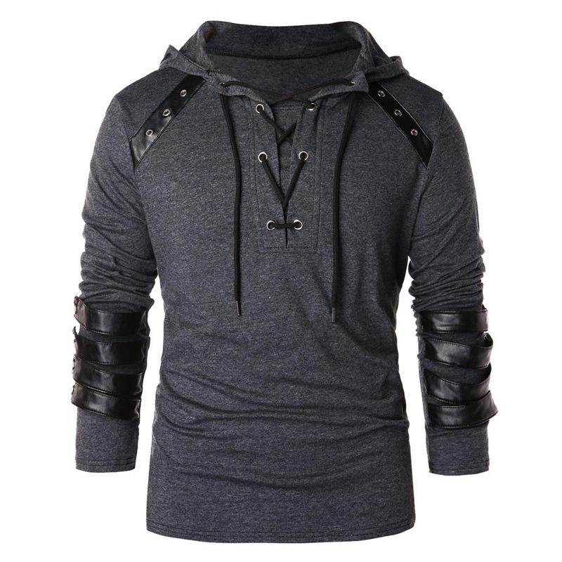 Heren winter trekkoord vintage leer patchwork lange mouwen hooded tops blouses