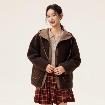 Women's Faux Lamb Wool Hooded Colorblock Jacket