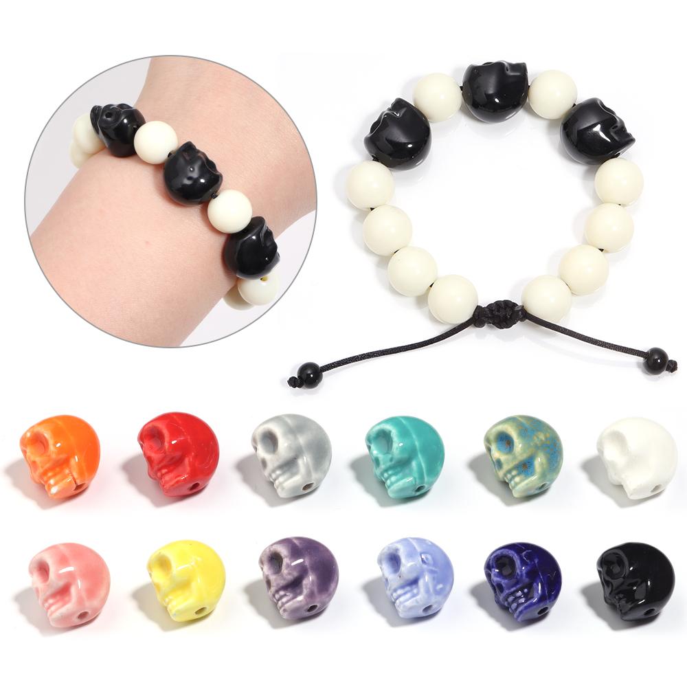 5pcs Skull Shape Ceramics Beads Porcelain Skeleton Loose Beads For Jewelry Making Halloween Decoration DIY Bracelet Accessories