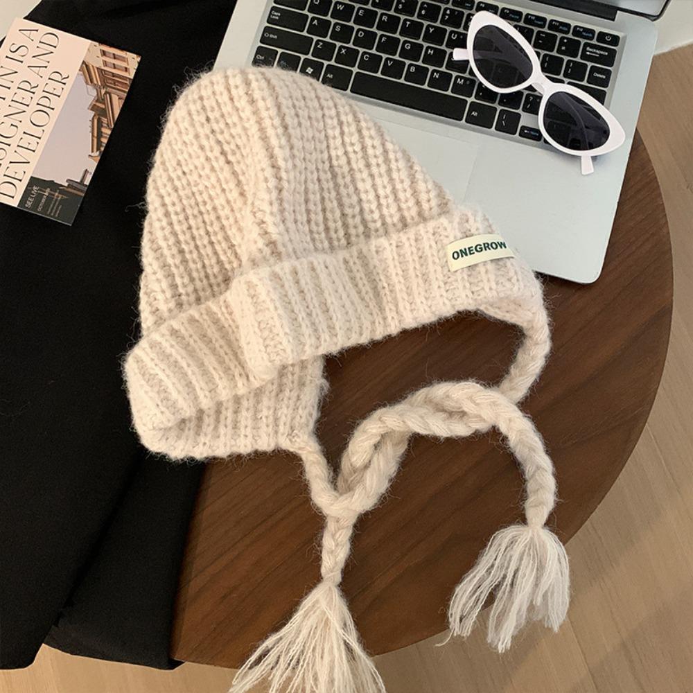 

Keep Warm Knitted Wool Hat Woolen Tie Pullover Hat Fashion Beanies Cap Autumn бежевый