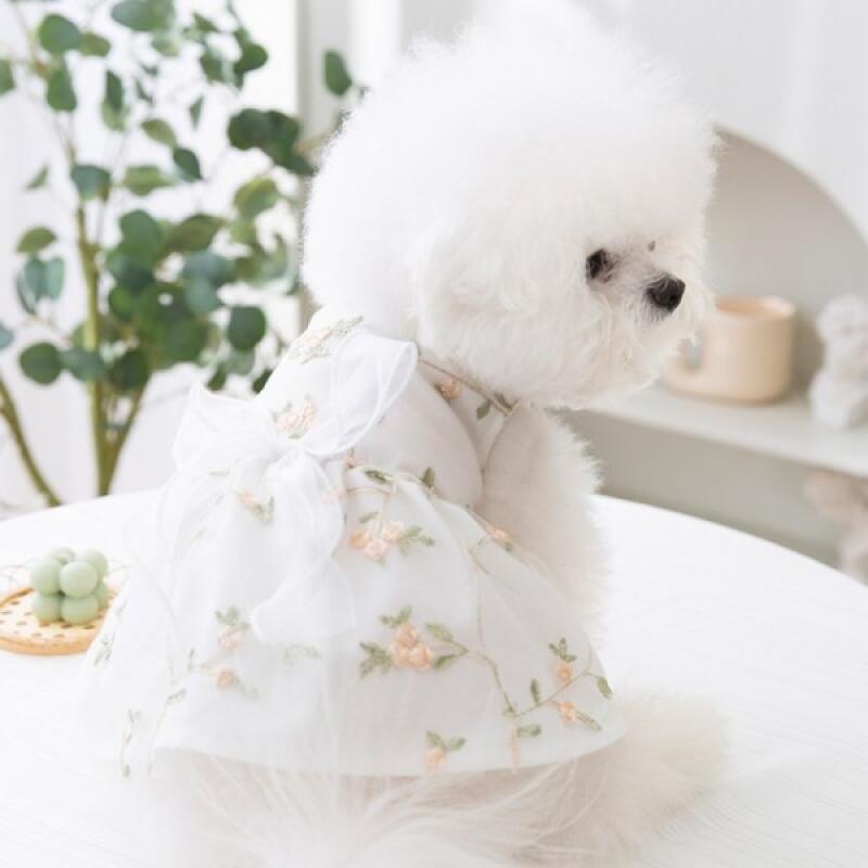 Flower embroidered dog ribbon dress white