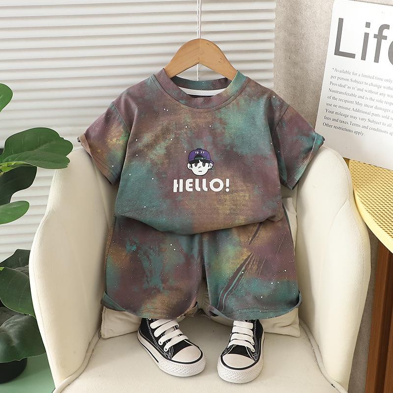 

Летний комплект для мальчиков Летний корейский повседневный комплект тай-дай с коротким рукавом Детский комплект Летняя футболка+шорты Комплект из двух предметов 120