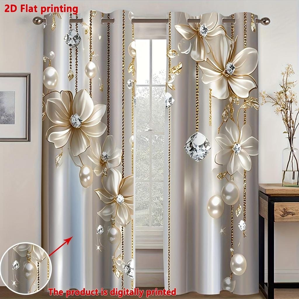2 Stück Polyester Gold-Silber Blumenmuster Fenster Vorhänge Geburtstagsparty Dekoration Hintergrund Vorhänge für Wohnzimmer