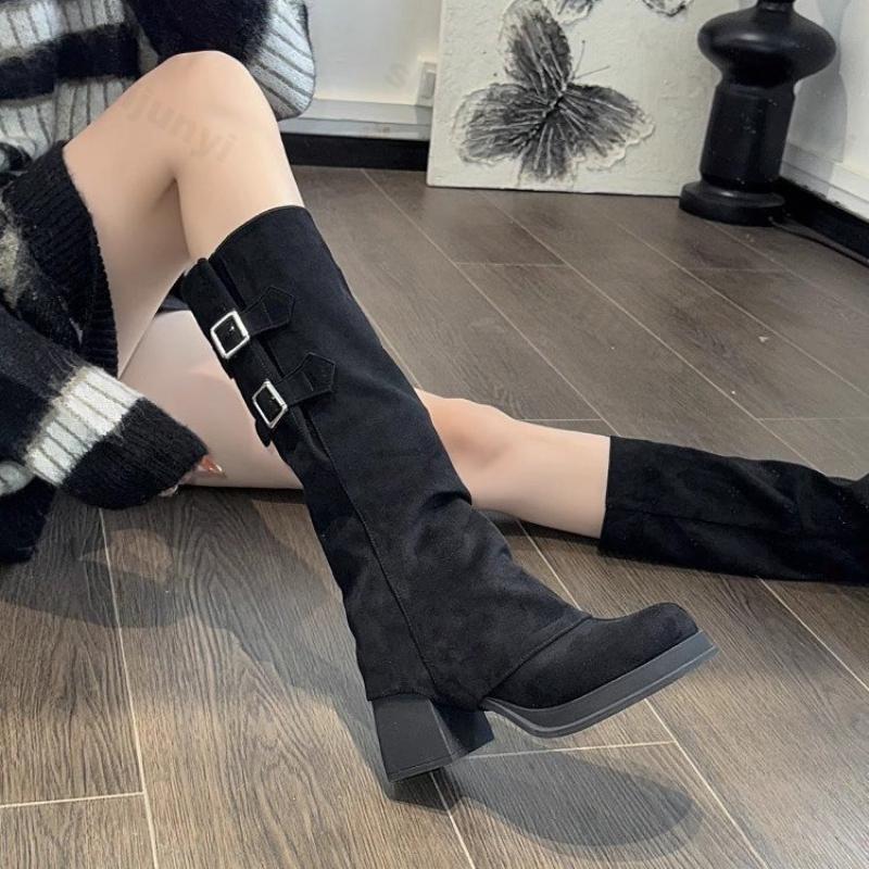 Fashion Women High Boots Autumn Winter Vintage Height Increase Platform Knight Boots Comfortable Fashion Buckle Strap Chunky Heel Shoes