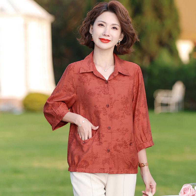 Elderly Women's Summer Solid Color Cardigan with Three-Quarter Sleeves
