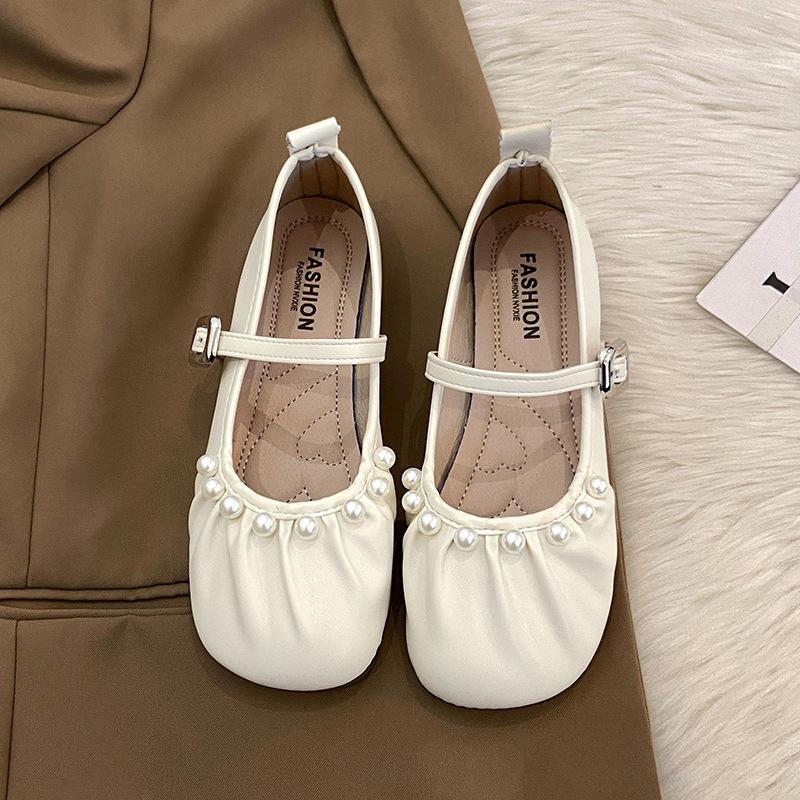 French Pearl Mary Jane Shoes Girl 2025 Spring New Fairy Evening Wind Large Size Soft Sole Ballet Grandma Shoes