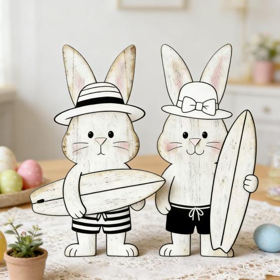 2 st påskhare dekoration bondgårdsstil rustik par kanin bordskylt hem kontor vår påskhelg fest bords mittpunkt prydnad