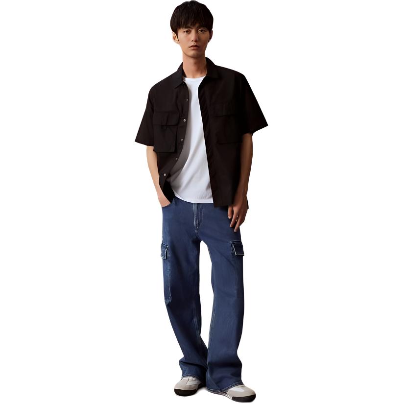 Calvin Klein Solid Color Comfortable Casual Workwear Pocket Short Sleeve Shirt Men Shirts Space-Black ZM02826-BEH