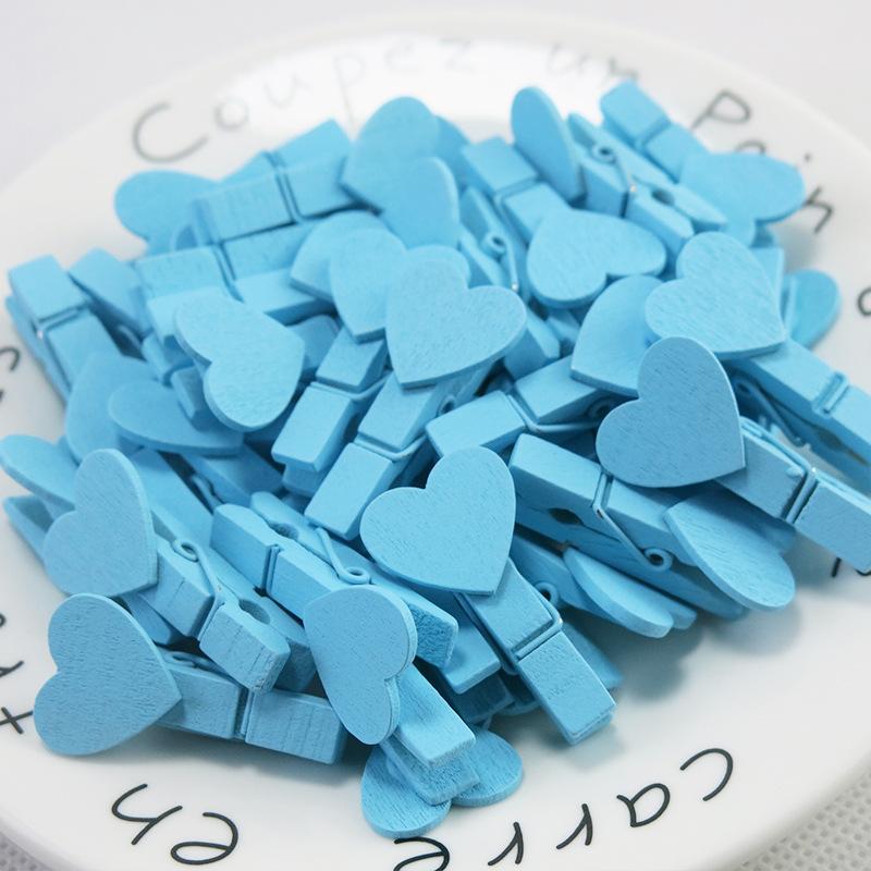 50pcs Heart Pink Blue Wooden Photo Clips Memo Paper Peg Clothespin Stationery Clips Office Party Decoration Accessories 35*7mm