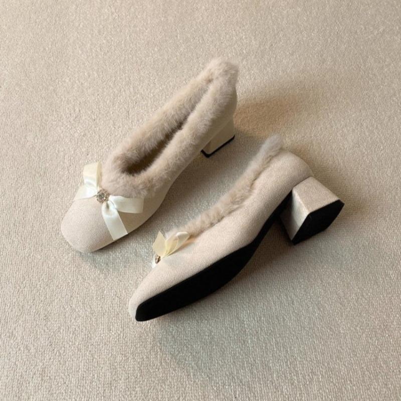 Velvet Mary Jane Cotton Shoes Female Autumn and Winter Fairy Gentle Wind Bow Thick Heel Fluffy Shoes