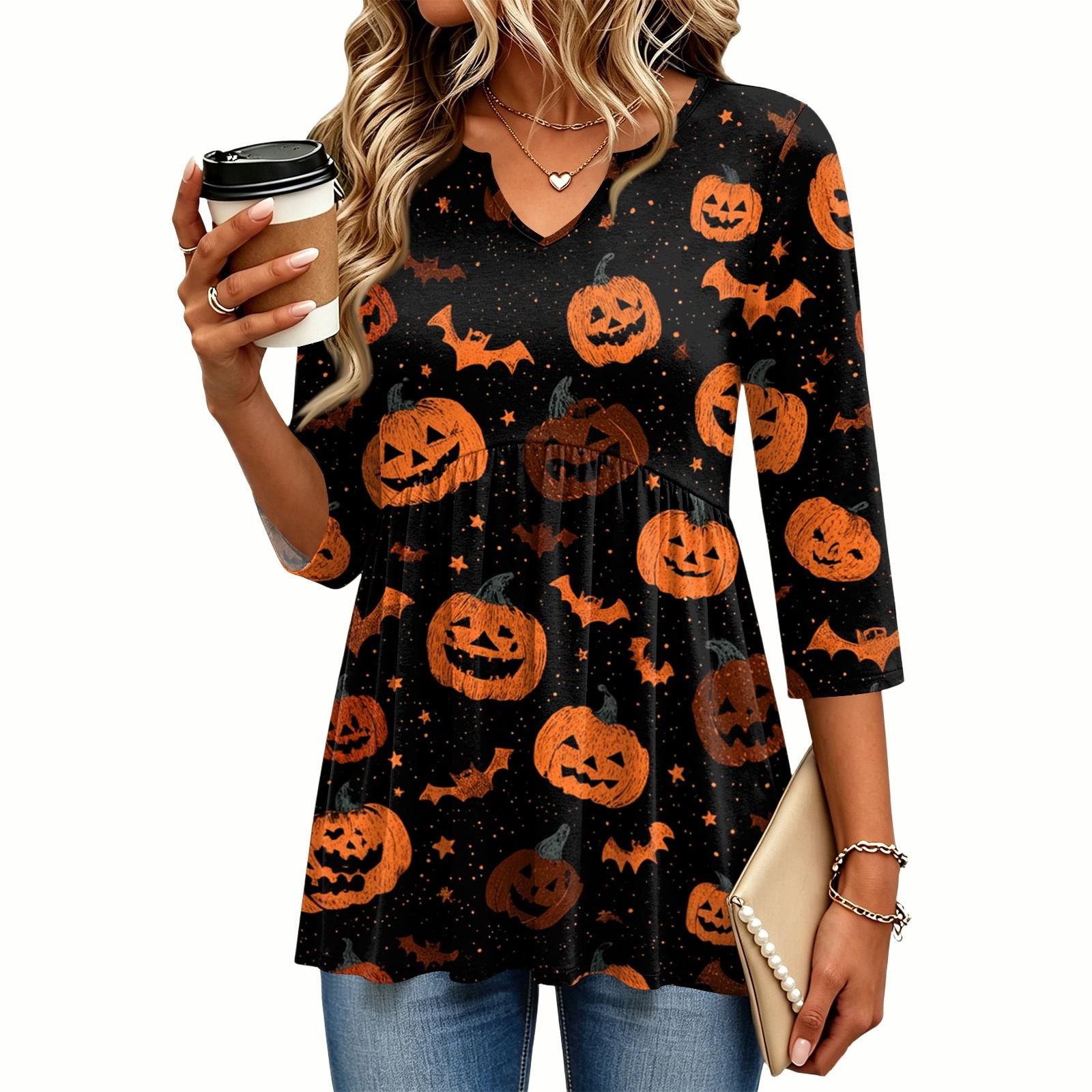 Women s Casual Halloween Print V-Neck Blouse with Three-Quarter Sleeves for Holiday Parties XL