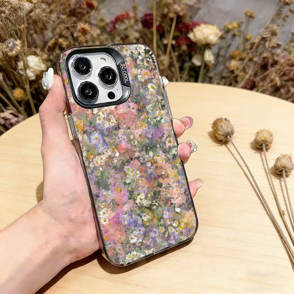 Oil Painting Flowers Series Phone Case For iPhone 17,16,15,14,13,12,11 Plus,Pro Max,XS,Colored Silver Plated Inside Cover