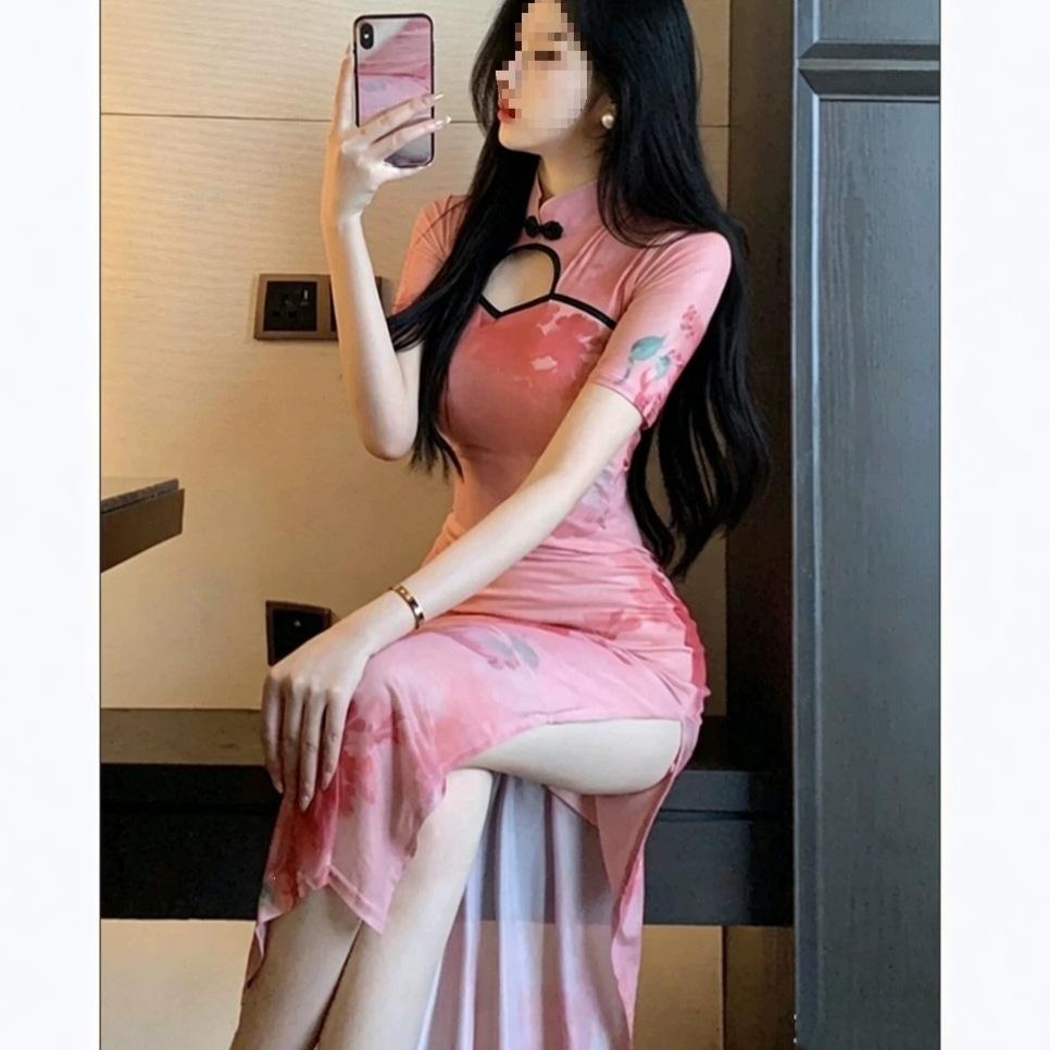 Sexy Pure Desire Style Improved Version of Cheongsam Printing Hollow Button Dress High-end Women's Summer Waist Slit Dress