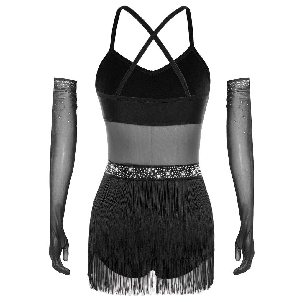 Womens Sheer Mesh Patchwork Bodysuit Dress Tiered Tassel Design Long Gloves Shiny Rhinestone Latin Dance Dress
