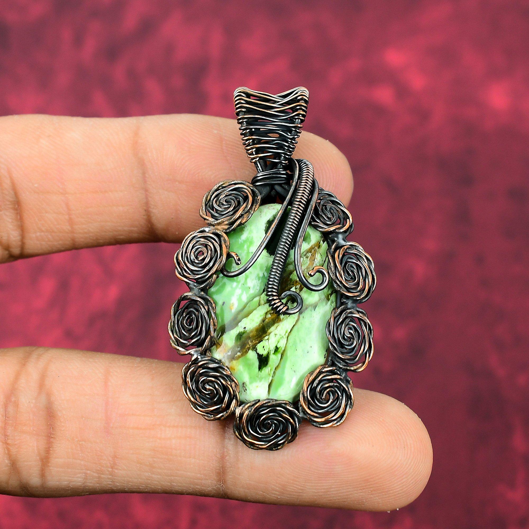 Australian Chrome Chalcedony Pendant Copper Wire Wrapped Pendant Handmade Gemstone Pendant Copper Wire Jewelry Flower Pendant Gifts For Him