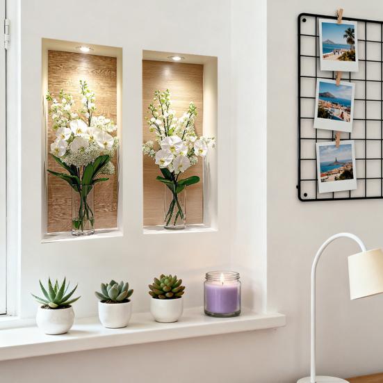 3Pcs 3D Flower Wall Stickers, Realistic Flowers Vase Wall Decals, Waterproof Self-Adhesive Potted Plants Stickers, Greenery Wall Stickers for Living