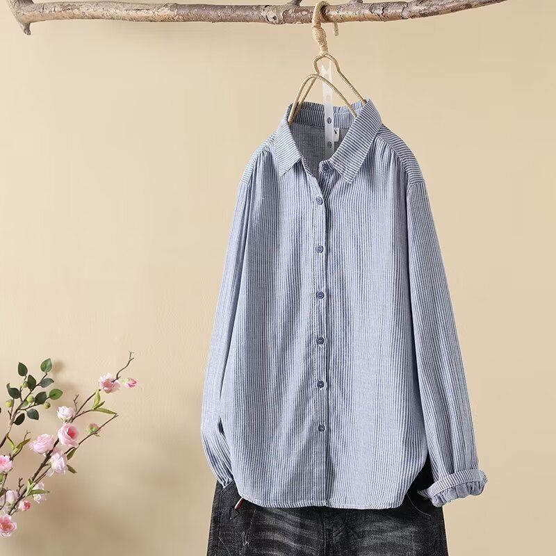 

Винтажная полосатая хлопковая рубашка для женщин, рубашка с длинным рукавом в стиле ретро, универсальная блузка L