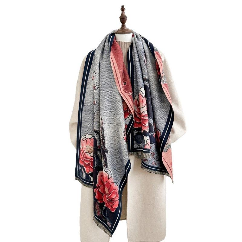 Retro bird flower shawl women's autumn and winter travel versatile multi-functional warm scarf double-sided scarf