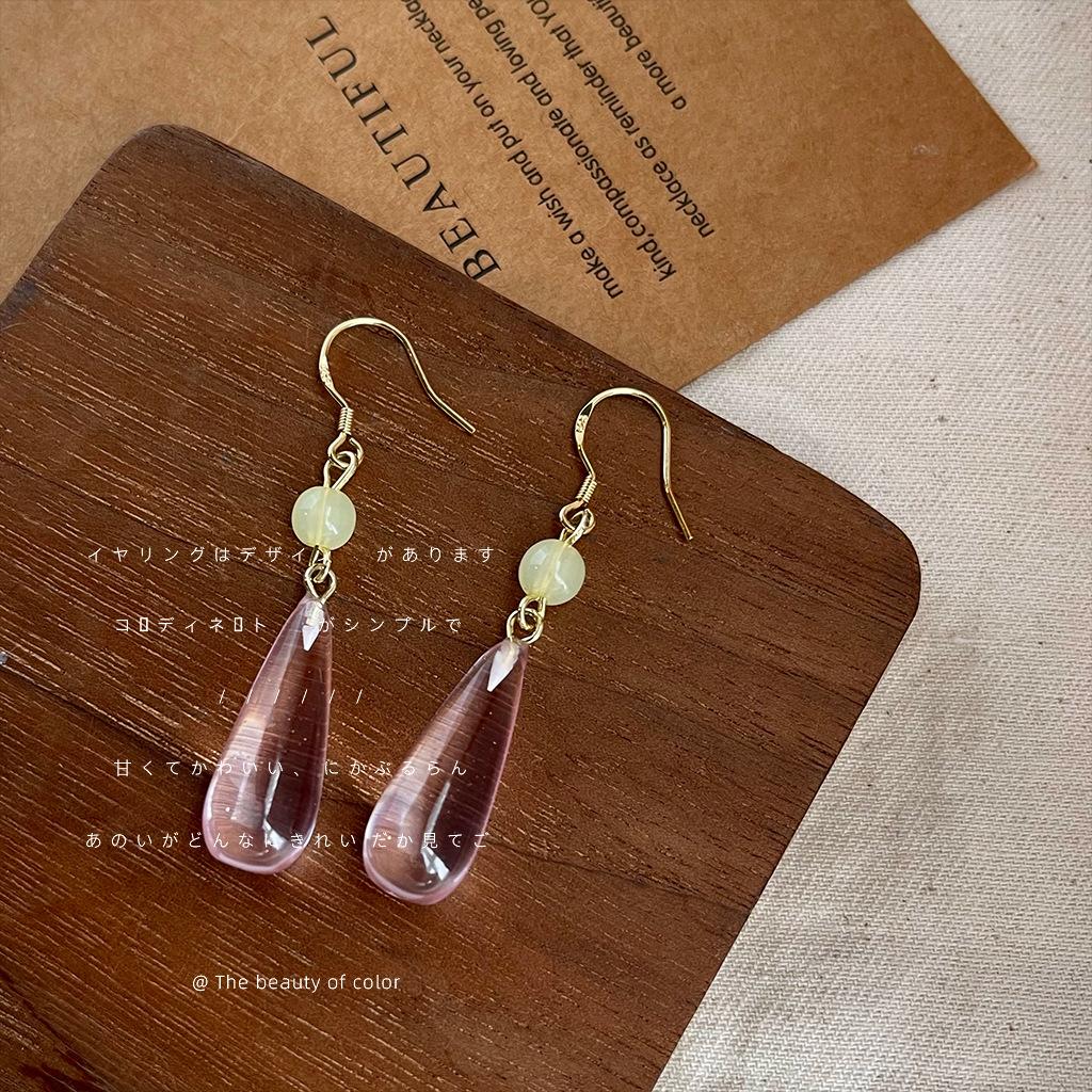 Palace 925 Silver Needle Handmade Design Sense Pink Transparent Water Drop Temperament Earrings, Earrings Wholesale