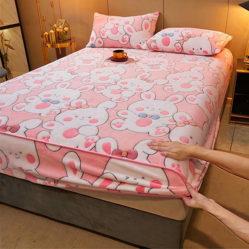 WOSTAR Luxury double bed fitted sheet elastic mattress protector cover couple winter warm fluffy coral fleece bedspread 150x200